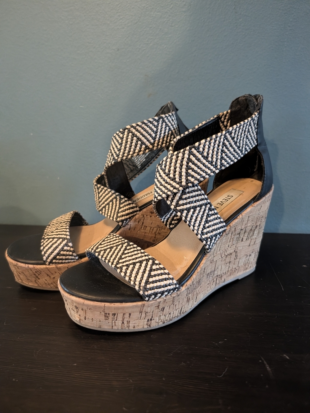 Steve Madden Black & White Strappy Cork Wedges, 6.5